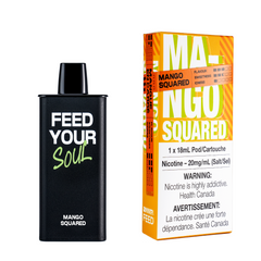 GRAB NOW! MANGO SQUARED FEED POD (9000 PUFFs) Picture yourself biting into a juicy, sun-ripened mango, its sweet and tropical flavor bursting across your palate with each inhalation. Meet the brand-new FEED disposable pod system β blending the convenience of disposables with the sophistication of closed pods