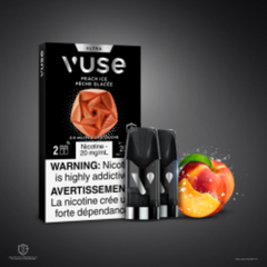 Vuse vape device and packaging with peach flavor on a dark background