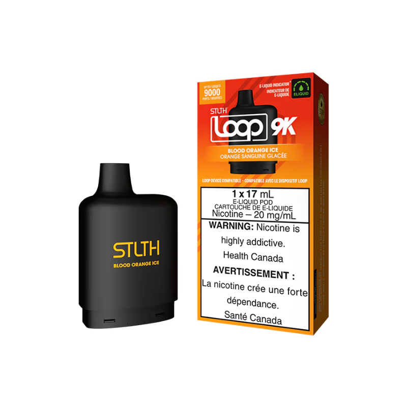 BANANA ICE STLTH LOOP 9K POD Experience the tangy sweetness of blood oranges blended with a chilling icy finish! Each inhale is a burst of citrus goodness followed by a refreshing exhale, making it the perfect all-day vape, STLTH Loop 9K Pod boasts an impressive 17ML e-liquid capacity, providing an astonishing 9000 puffs per pod.
