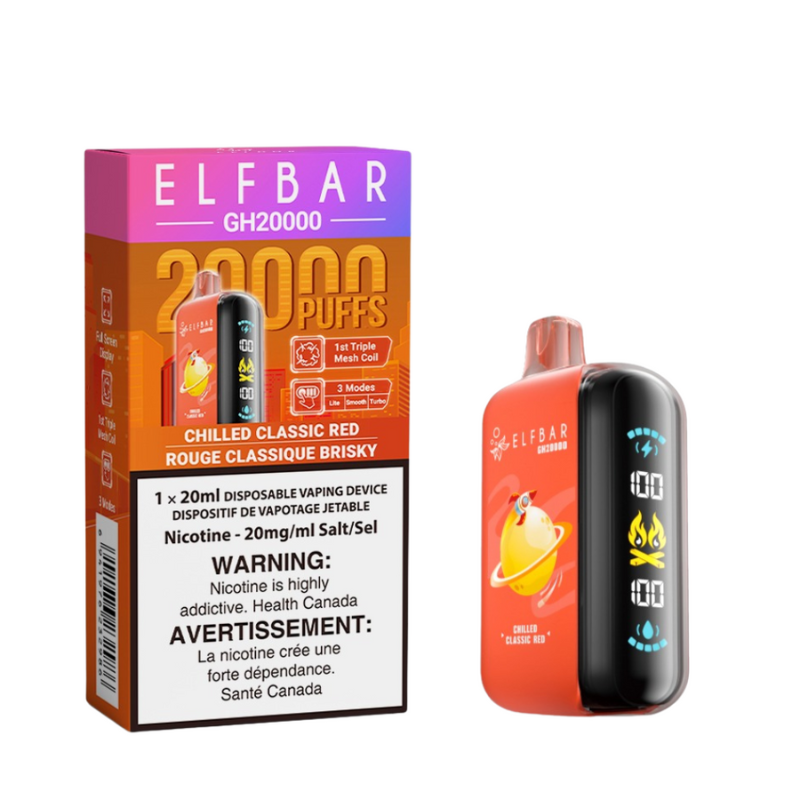BUY CHILLED CLASSIC RED ELF BAR GK20k DISPOSABLE VAPE A smooth and refreshing blend with a distinct cola-like flavour and a crisp finish. Explore Elf Bar ground breaking new product, the Elf Bar GH20k. Tailor your vaping experience
