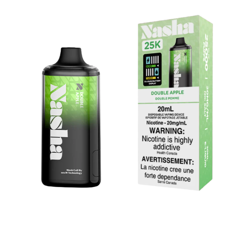 Double Apple NASHA 25K DISPOSABLE VAPE: 25000 puffs, OLED screen displaying battery and e-liquid indicator and Type-C Charging. BUY NOW AT MV