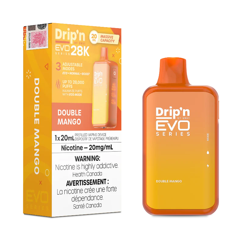 Buy Now ! DRIP'N EVO 28K DOUBLE MANGO with 28000 puffs ,20ml of e-liquid and rechargeable battery. Order online at MV