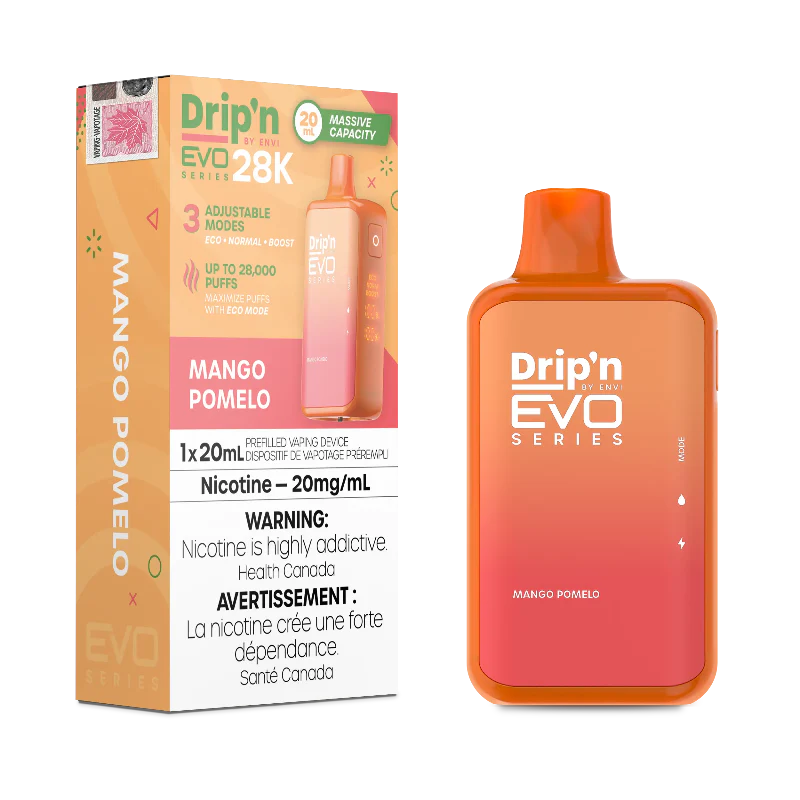 Buy Now ! DRIP'N EVO 28K MANGO POMELO with 28000 puffs ,20ml of e-liquid and rechargeable battery. Order online at MV