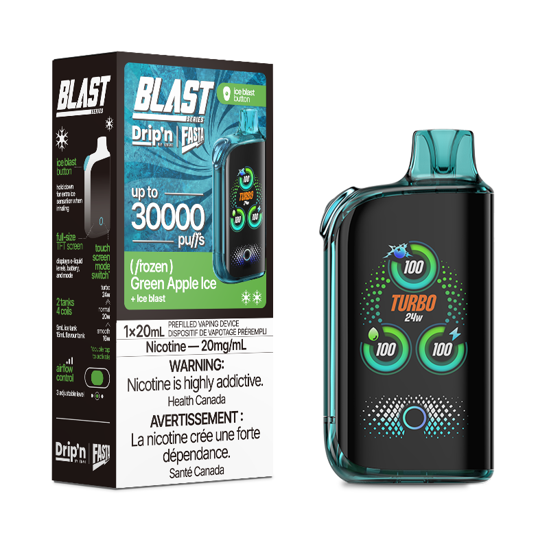 Buy now! Green Apple ice Drip'n fasta blast by envi disposable with 30000 puffs and type-c charging with 3 power modes. Available online and in store!