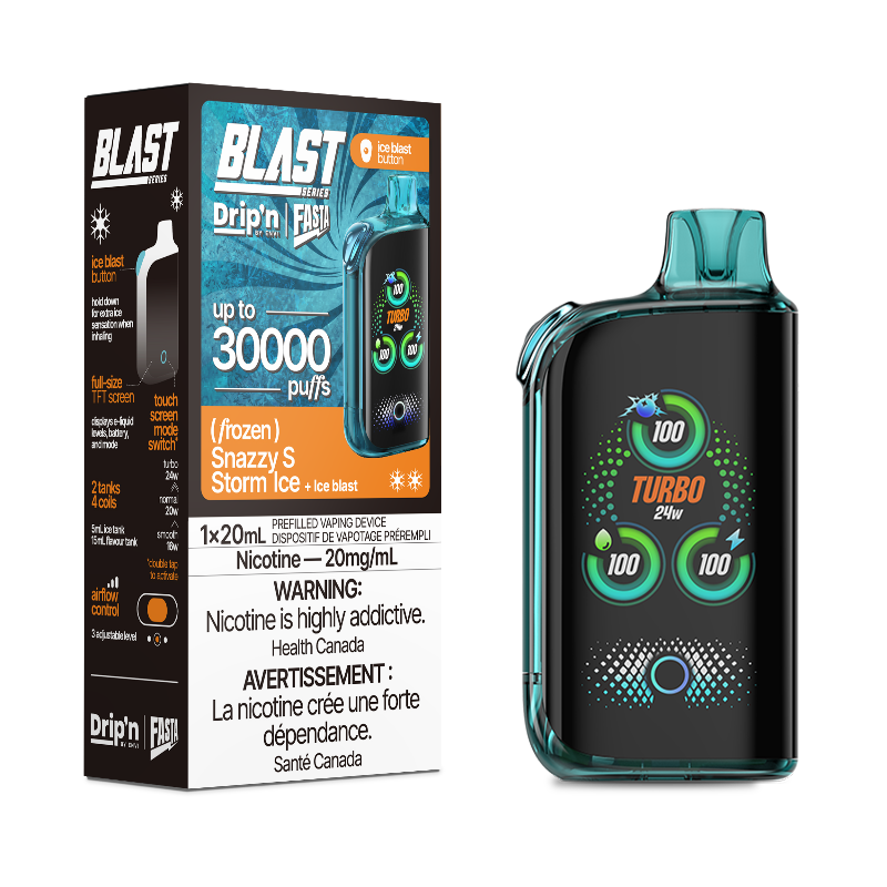 Grab now! Snazzy S Storm ice Drip'n fasta blast by envi disposable with ice blast mode and 30000 puffs. Available online and in store!