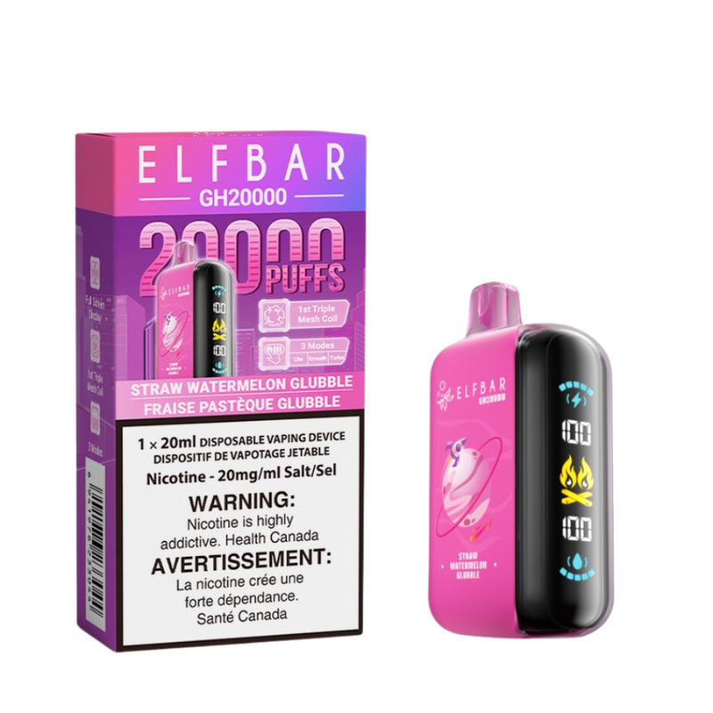 AVAILABLE ELF BAR STRAWBERRY WATERMELON GLUBBLE GK20k DISPOSABLE VAPE A playful blend of ripe strawberries and juicy watermelon, bursting with a nostalgic bubble gum flavour. Explore Elf Bar ground breaking new product, the Elf Bar GH20k.