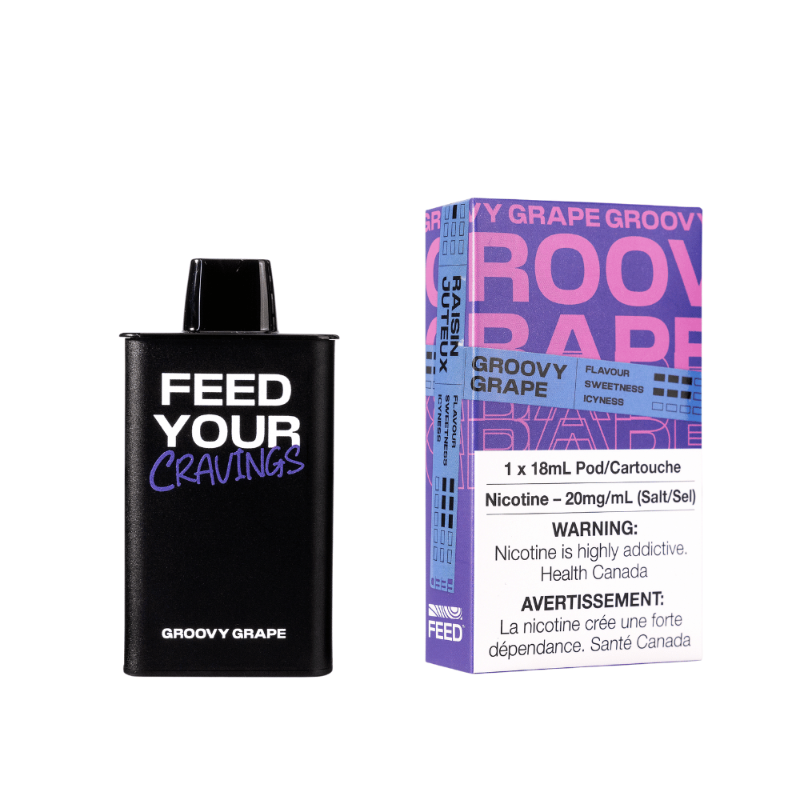 DELIVER NOW ! GROOVY GRAPE FEED POD (9000 PUFFs) Feed your cravings with Groovy Grape! Meet the brand-new FEED disposable pod system β blending the convenience of disposables with the sophistication of closed pods, but with an extra dose of style!