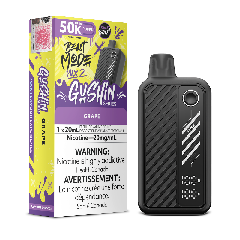 Experience Gushin Series Grape with 4 vape modes, 20ml e-liquid, 50K puffs, and a sleek UI display in the Beast Mode Max 2 by Flavour Beast.