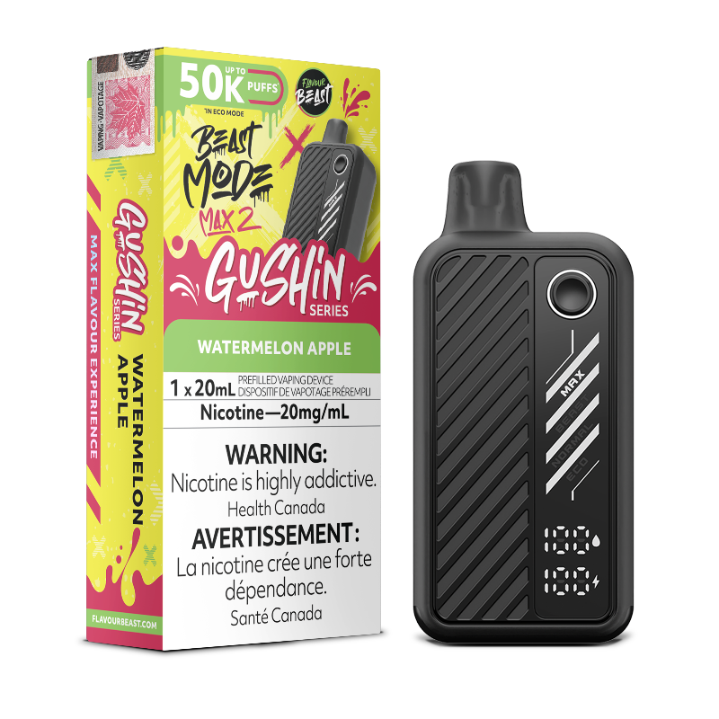 Experience Gushin Series Watermelon Apple with 4 vape modes, 20ml e-liquid, 50K puffs, and a sleek UI display in the Beast Mode Max 2 by Flavour Beast.