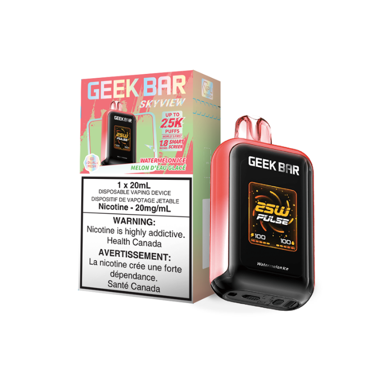 WATERMELON ICE GEEK BAR SKYVIEW 25K DISPOSABLE VAPE Refresh your senses with the crisp, juicy burst of ripe watermelon, perfectly chilled with a frosty blast of ice.