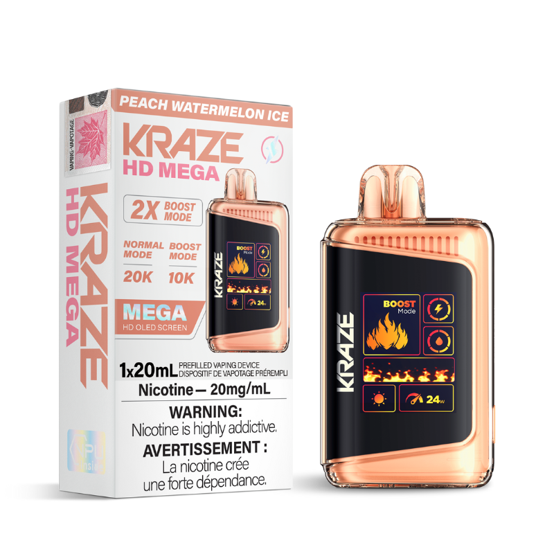KRAZE HD MEGA PEACH WATERMELON ICE (20k PUFFs) DISPOSABLE VAPE DELIVERED SAME DAY FOR FREE ON ORDERS OVER $75
