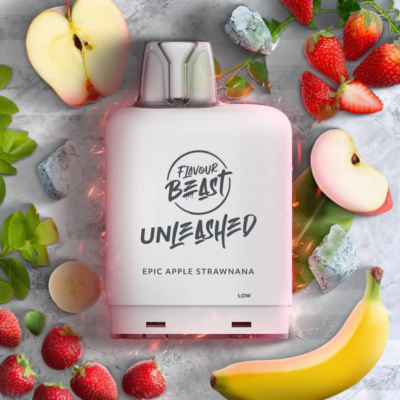 APPLE STRAWNANA ICED EPIC LEVEL X BOOST PODS Expect a refreshing and vibrant vape experience with a well-balanced combination of crisp apple, luscious strawberry-banana, and a cooling menthol finish.