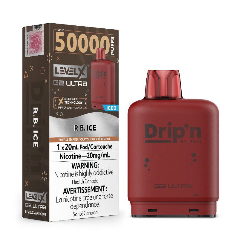 Enjoy bold flavour and 50k puffs with R.B Ice Pod by Drip'n Level X Ultra G2. 20mL, dual mesh coil, adjustable airflow, and smooth hits