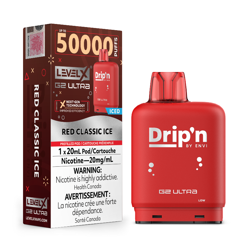 Enjoy bold flavour and 50k puffs with Red Classic Ice Pod by Drip'n Level X Ultra G2. 20mL, dual mesh coil, adjustable airflow, and smooth hits