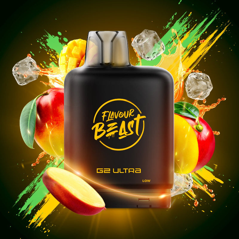 Enjoy bold flavour and 50k puffs with Mango Spritz Ice Pod by Flavour Beast Level X Ultra G2. 20mL, dual mesh coil, adjustable airflow, and smooth hits