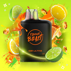Flavour Beast G2 Ultra vape device surrounded by citrus fruits on a vibrant green background
