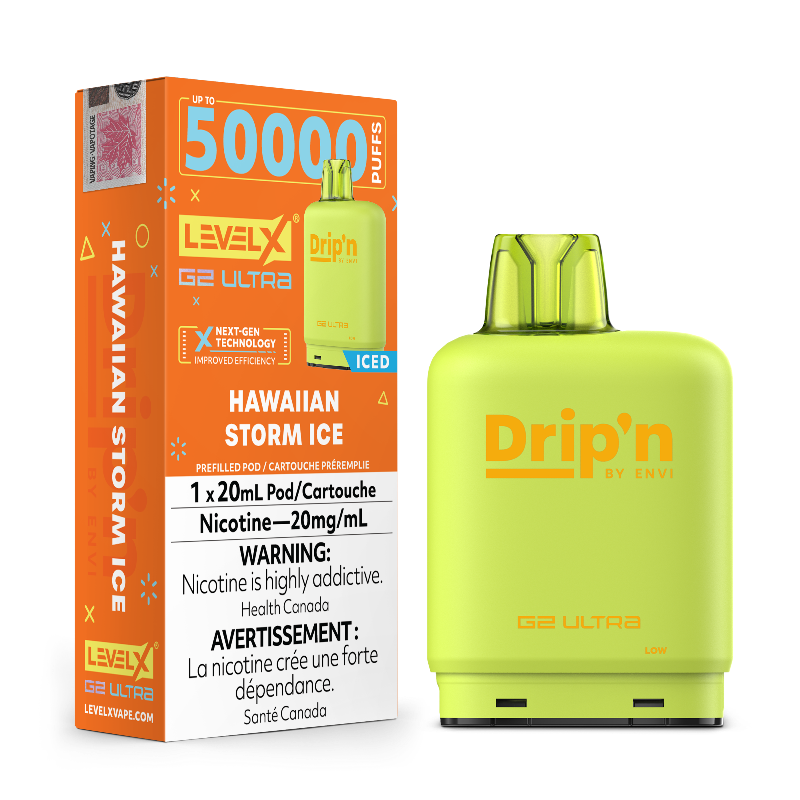 Enjoy bold flavour and 50k puffs with Hawaiian Storm Ice Pod by Drip'n Level X Ultra G2. 20mL, dual mesh coil, adjustable airflow, and smooth hits