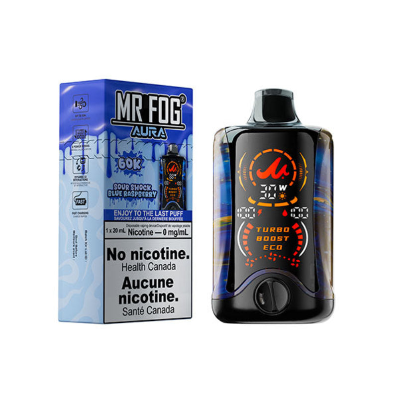 Mr Fog Aura 60K Sour Shock Blue Raspberry Nicotine-Free Disposable Vape