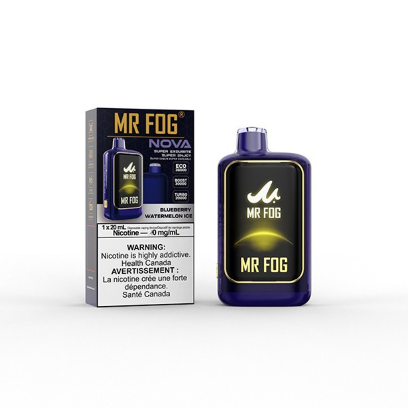 NEW IN !! Nicotine free Mr Fog Nova Blueberry Watermelon Ice 36000 Puffs disposable vape with type-c charging and 3 power modes. Buy now at mister vapor.