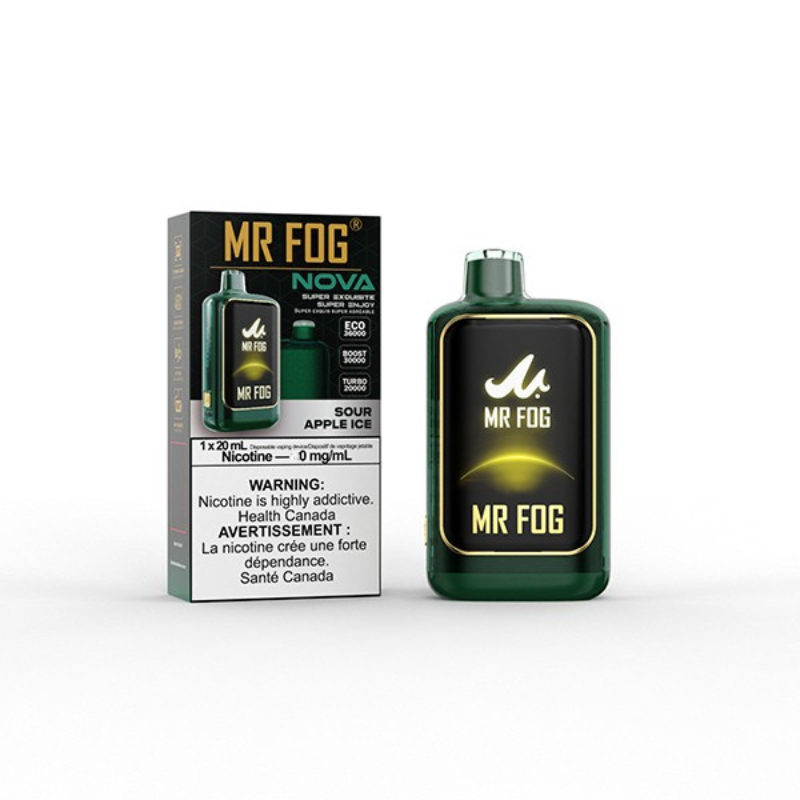 NEW IN !! Nicotine free Mr Fog Nova Sour Apple Ice 36000 Puffs disposable vape with type-c charging and Adjustable wattage. Buy now at mister vapor.
