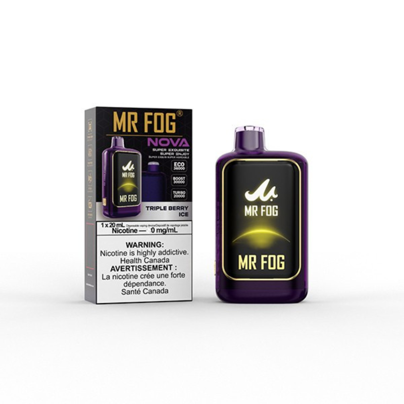 NEW IN !! Nicotine free Mr Fog Nova Triple Berry Ice 36000 Puffs disposable vape with type-c charging and Adjustable wattage. Buy now at mister vapor.