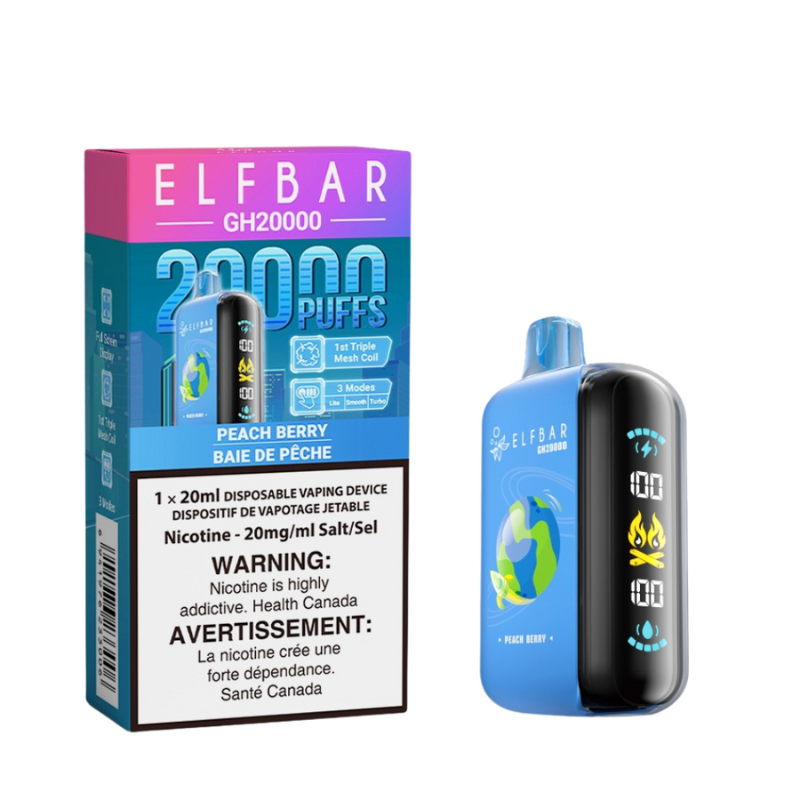 PEACH BERRY ELF BAR GK20k DISPOSABLE VAPE A fusion of ripe peaches and mixed berries, delivering a sweet and tangy flavour. Explore Elf Bar ground breaking new product, the Elf Bar GH20k.