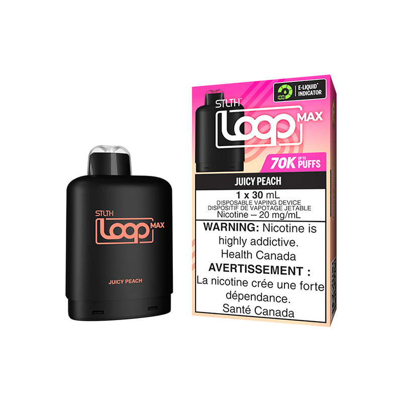 New Arrival! STLTH LOOP MAX JUICY PEACH 70K POD prefilled packed with upto 70000 puffs and 30ml of eliquid. Buy now at mister vapor.