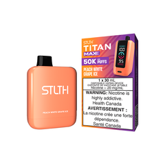Peach White Grape Ice STLTH Titan Max Disposable Vape – up to 50,000 puffs! Enjoy the juicy flavor of peach and white grape, complemented by a cool, refreshing finish., 30ML capacity, and rechargeable power.