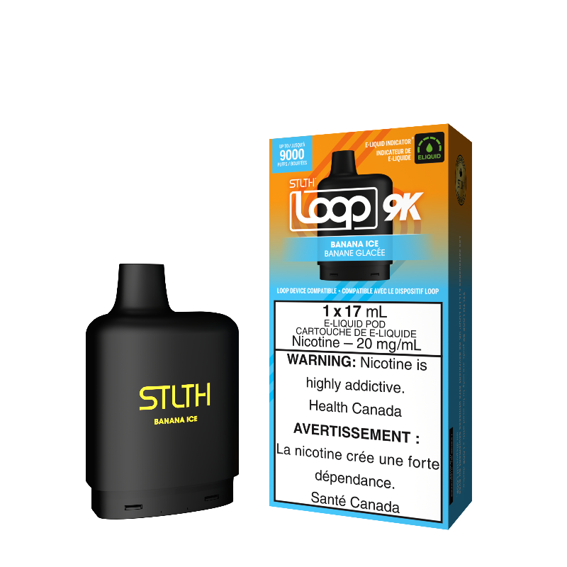BANANA ICE STLTH LOOP 9K POD Experience creamy banana with hint of menthol for a refreshing sensation Representing the pinnacle of excellence in the vaping realm, STLTH Loop 9K Pod boasts an impressive 17ML e-liquid capacity, providing an astonishing 9000 puffs per pod.