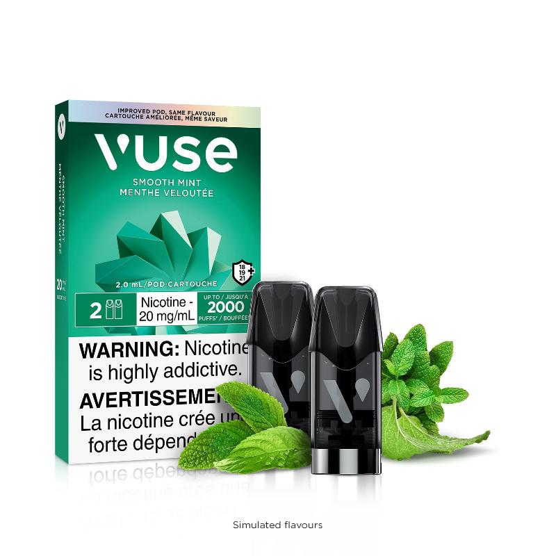SMOOTH MINT Subtle and mellow cooling mint that gives you a refreshing exhale. Replacement Pods! Coming in a pack of 2 pods, each pod has 1.8mLs of delicious e-liquid. Available in 20mg Vuse ePod pods are compatible with Vype ePod devices. Vuse products may be harmful to health and contain nicotine which is addictive. VUSE PRODUCTS ARE NOT SUITABLE FOR USE BY: persons who are not adults; persons who are under the legal age to purchase vaping products; persons who are allergic/sensitive to nicotine; pregna