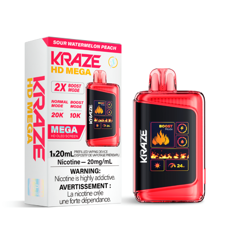 SOUR WATERMELON PEACH KRAZE HD MEGA (20000 PUFFs) DISPOSABLE VAPE Experience the perfect balance of sourness and sweetness with the tantalizing flavours of sour watermelon and peach.