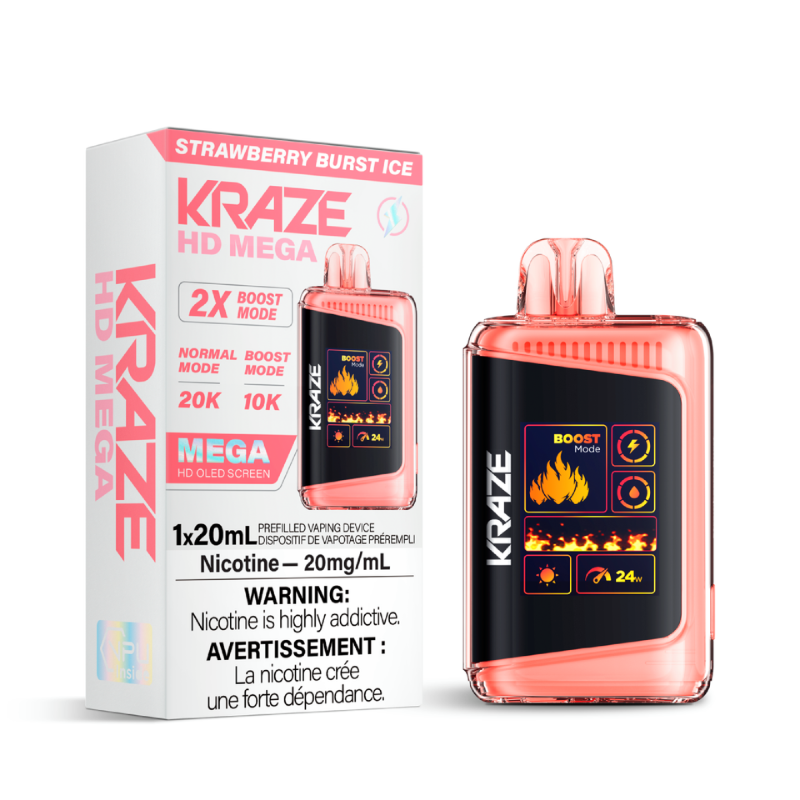 STRAWBERRY BURST ICE KRAZE HD MEGA (20000 PUFFs) DISPOSABLE VAPE Indulge in the refreshing burst of strawberry ice, with a distinct delightful taste.