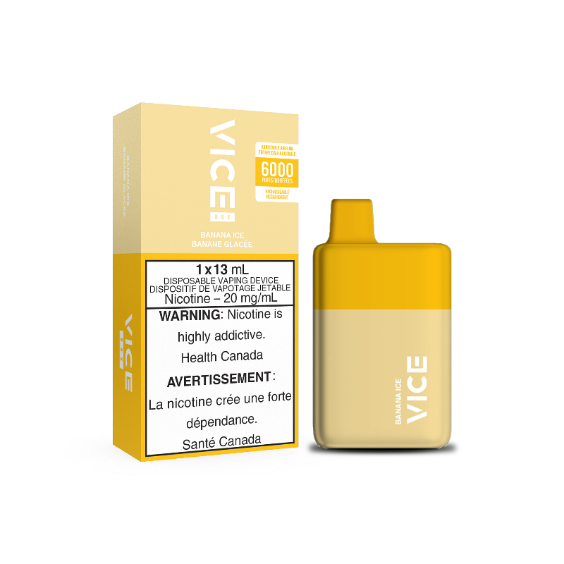 BUY NOW VICE BOX BANANA ICE DISPOSABLE MISTER VAPOR Same-day delivery within the zone and express shipping GTA, Scarborough, Brampton, Etobicoke, Mississauga, Markham, Richmond Hill, Ottawa, Montreal, Nova Scotia, PEI, Vancouver, Vaughan, Toronto, York, North York, London, Kingston, Burlington, Hamilton, Quebec City, Halifax, St. John's, Fredericton, Ontario, Laval, Levis, Brossard, Sudbury, Trois-Rivieres,