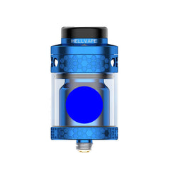 A blue and black HELLVAPE vape tank with a clear glass body, honeycomb-patterned metal accents, and a gold-tone bottom tip, shown on a solid white background.
