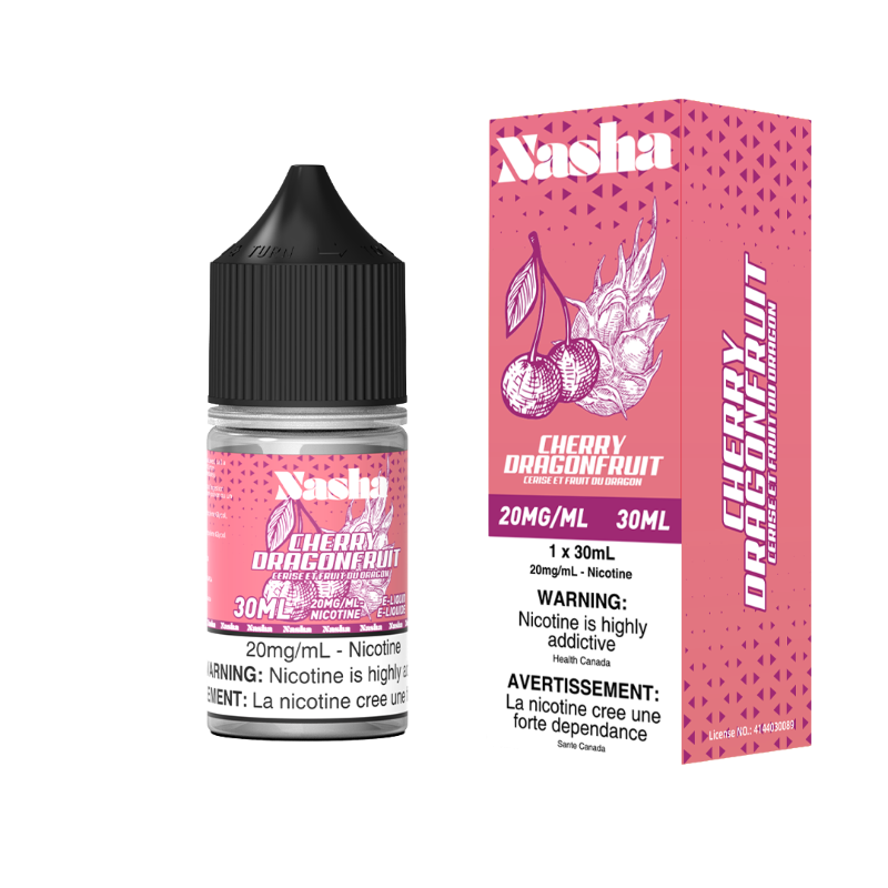 Cherry Dragonfruit by Nasha Salt – 30mL, 20mg nicotine. Smooth MTL vape with 60/40 PG/VG for balanced flavour & discreet clouds. Shop now at Mister Vapor.