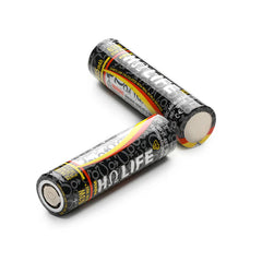 Two cylindrical batteries with visible branding on a white background