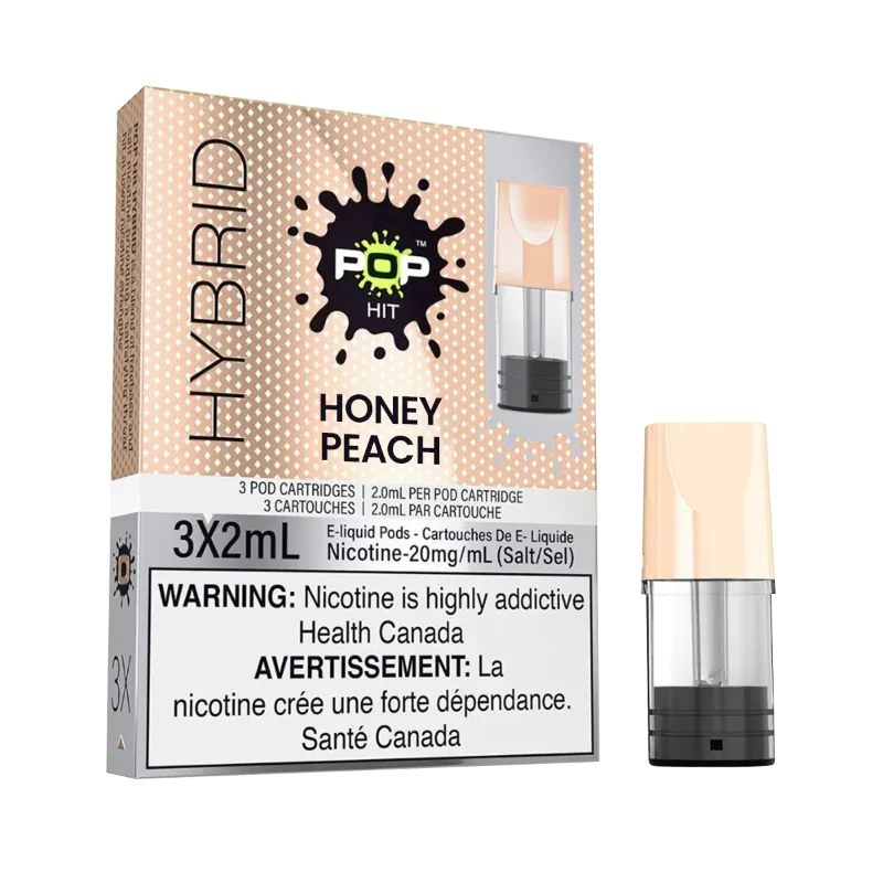 Vape pod packaging with 'Hybrid' branding and 'Honey Peach' flavor on a white background.