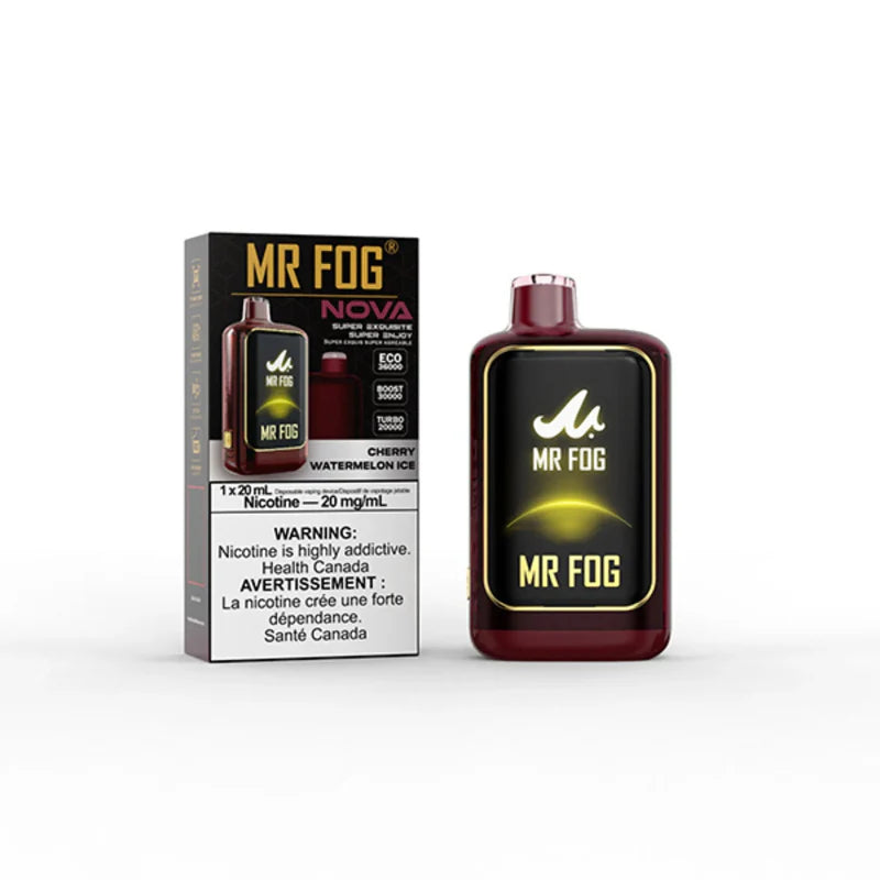 NOW AVAILABLE !! MR FOG NOVA CHERRY WATERMELON ICE 36000 puffs disposable with type-c charging and large display. Buy now at Mister Vapor.