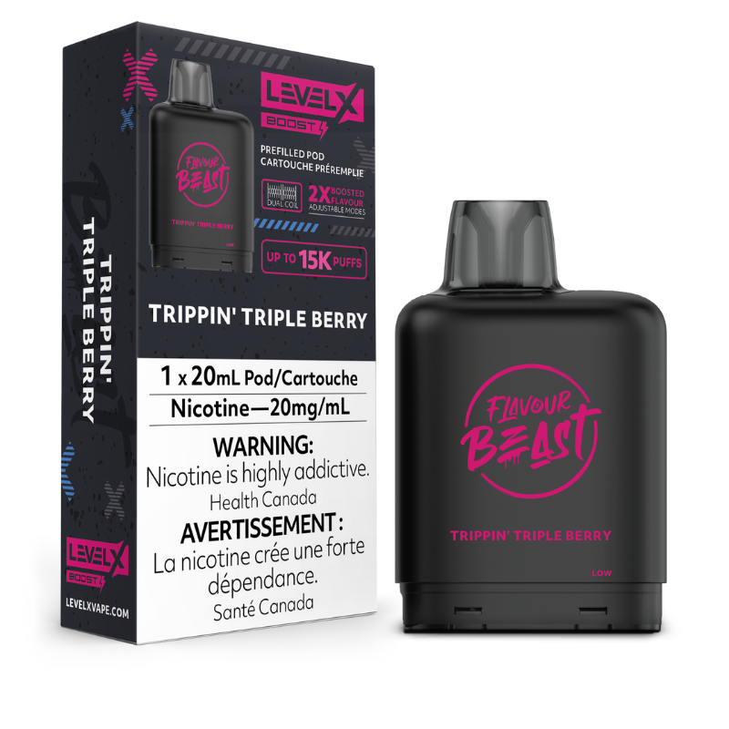 TRIPPIN' TRIPLE BERRYLEVEL X BOOST PODS Dive into a mix of three amazing berries, creating a burst of berry flavors that dance on your taste buds.