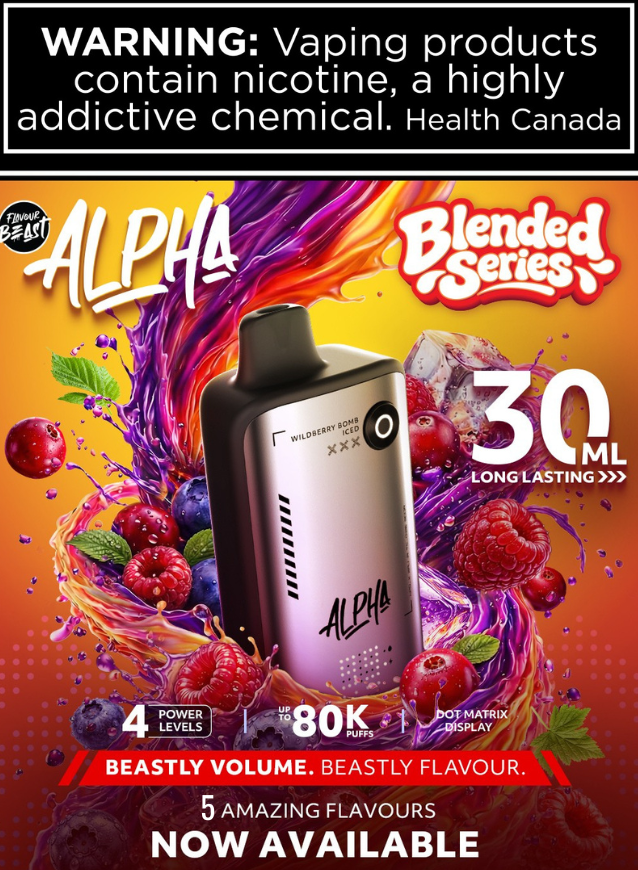 Alpha Blended Series vape device with colorful fruit graphics and health warning label.