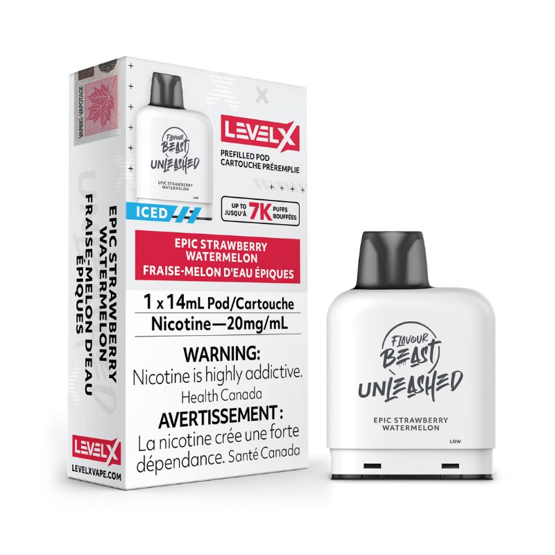STRAWBERRY WATERMELON ICED LEVEL X EPIC FLAVOUR BEAST UNLEASHED POD   Epic Strawberry Watermelon Iced - is a fantastic combination of sweet strawberries and vibrant watermelon, capturing the essence of summer with its prominent and delightful flavor profile. Same-day and next day delivery within the zone and express shipping. BC , NB , NL, QC , NS , NU, ON, PE, AB, MB, NT, SK, YT.