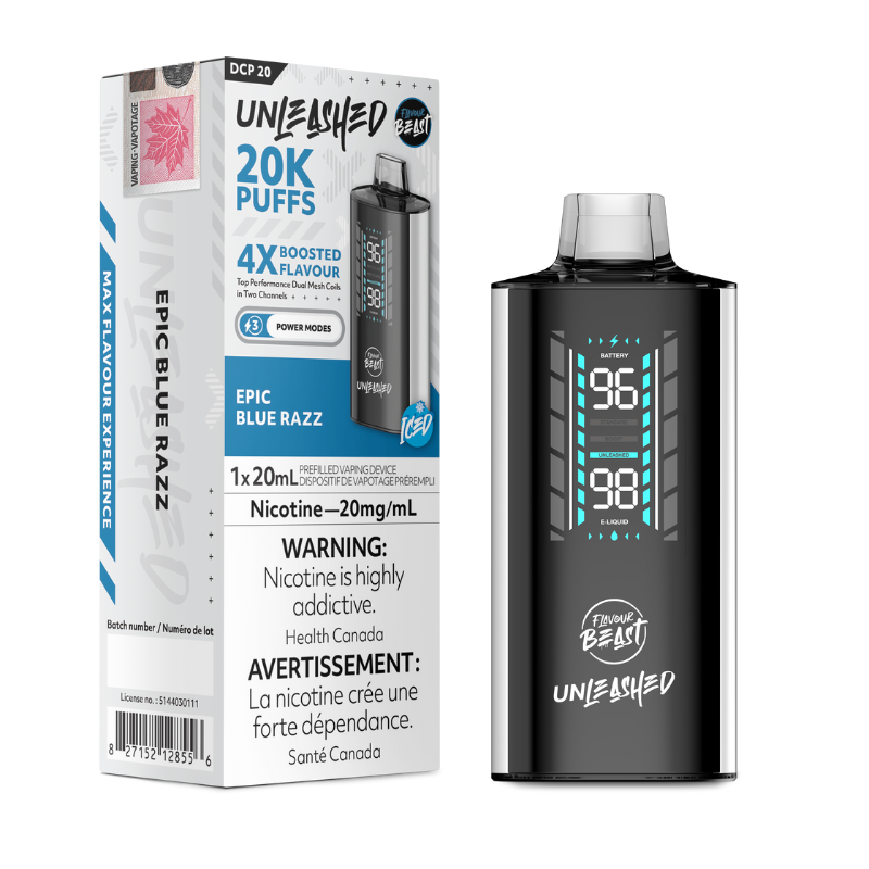 Epic Blue Razz Iced Flavour Beast DCP 20K Disposable Vape A bold, berry-packed flavor with a tangy twist of blue sour notes.20,000 puffs, 20mL, three Power Modes: Standard, Boost, Unleashed.