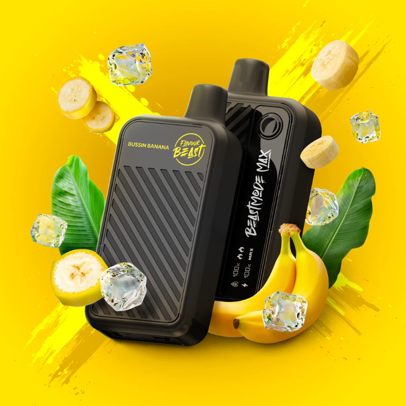 BUSSIN' BANANA ICED FLAVOUR BEAST BEAST MODE MAX - 18,000 PUFFS 20mL e-liquid, 850mAh rechargeable battery, Battery and E-liquid Display  3 Modes: Standard (18K), Beast (15K), MAX (12K)