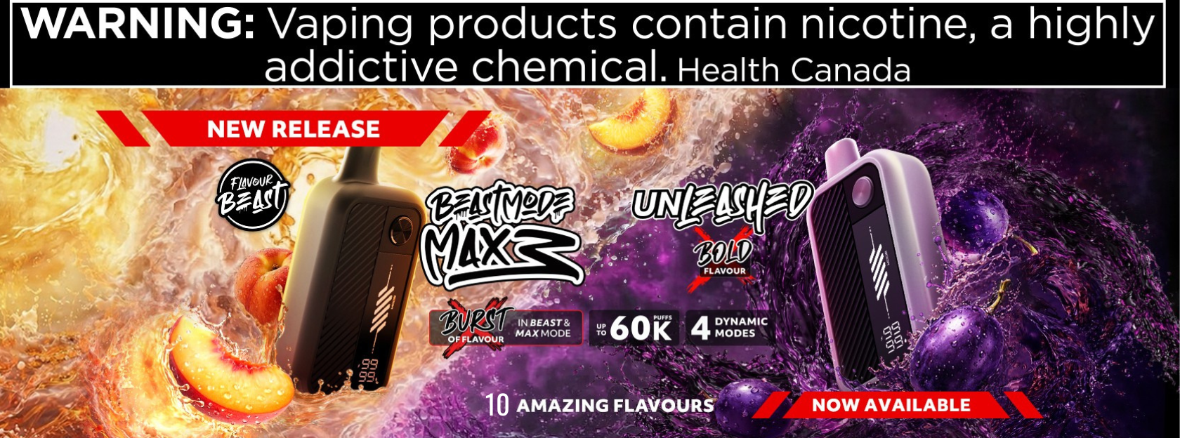 Advertisement for vaping products with colorful graphics and text about nicotine.