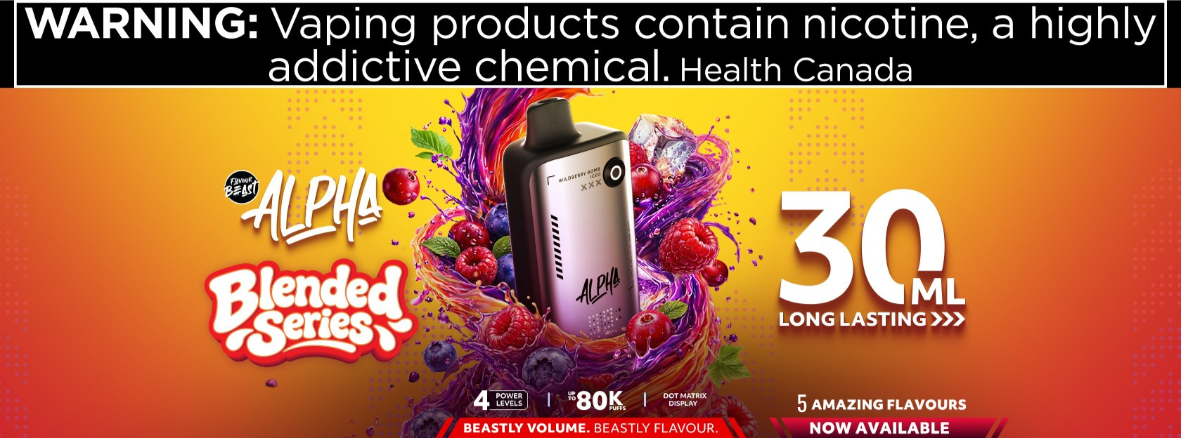 Promotional graphic for Alpha Blended Series vaping products with colorful design and product image.