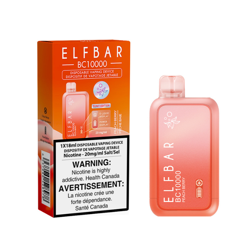 TRY NOW ELF BAR (BC 10k) PEACH BERRY DISPOSABLE VAPE AT MISTER VAPOR Same-day or Next-day delivery within the zone and express shipping GTA, Oakville, Aurora, Pickering, Ajax, Whitby, Oshawa, Scarborough, Brampton, Etobicoke, Mississauga, Markham, Richmond Hill, Ottawa, Montreal, Nova Scotia, PEI, Vancouver,  Vaughan, Toronto, York, North York, London, Kingston, Burlington, Hamilton, Quebec City, Halifax, St. John's, Fredericton, Orillia, Winnipeg, 