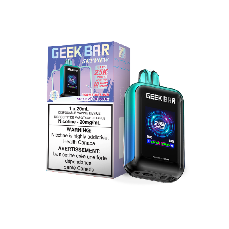 PEACH BLUE SLUSH GEEK BAR SKYVIEW 25K DISPOSABLE VAPE Each puff delivers a tantalizing combination of sweet peach nectar balanced perfectly with the invigorating chill of blue raspberry slush, creating a flavor profile that is both satisfyingly sweet and refreshingly crisp. Get free same day delivery within zone today!