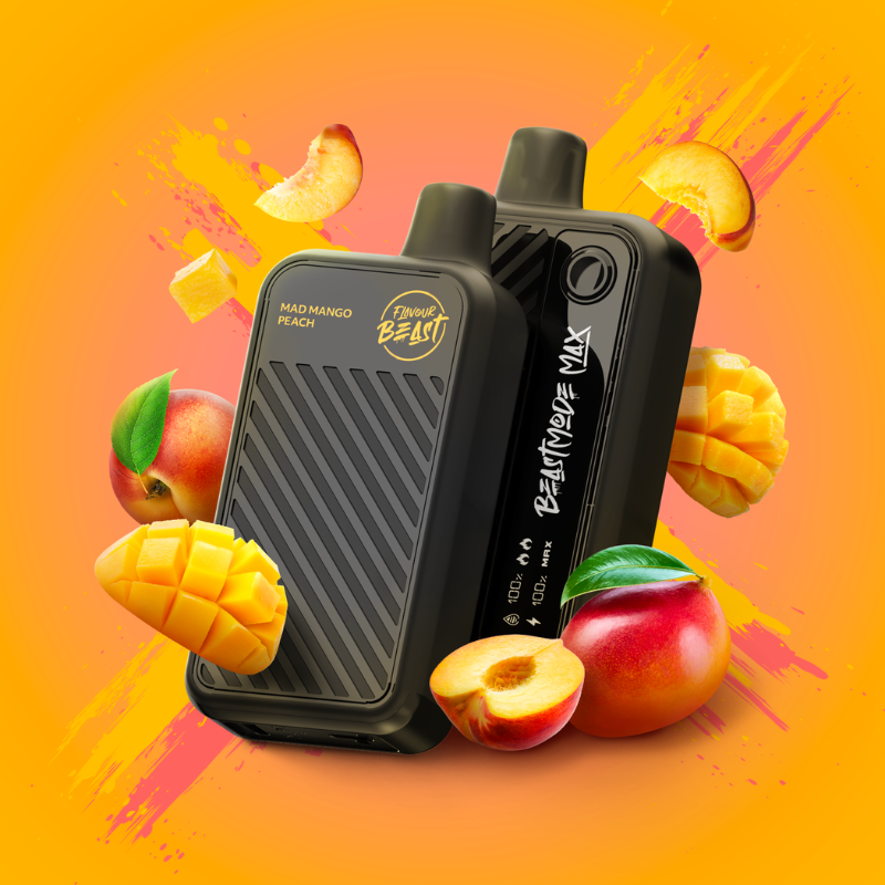 MAD MANGO PEACH FLAVOUR BEAST BEAST MODE MAX - 18,000 PUFFS 20mL e-liquid, 850mAh rechargeable battery, Battery and E-liquid Display  3 Modes: Standard (18K), Beast (15K), MAX (12K)