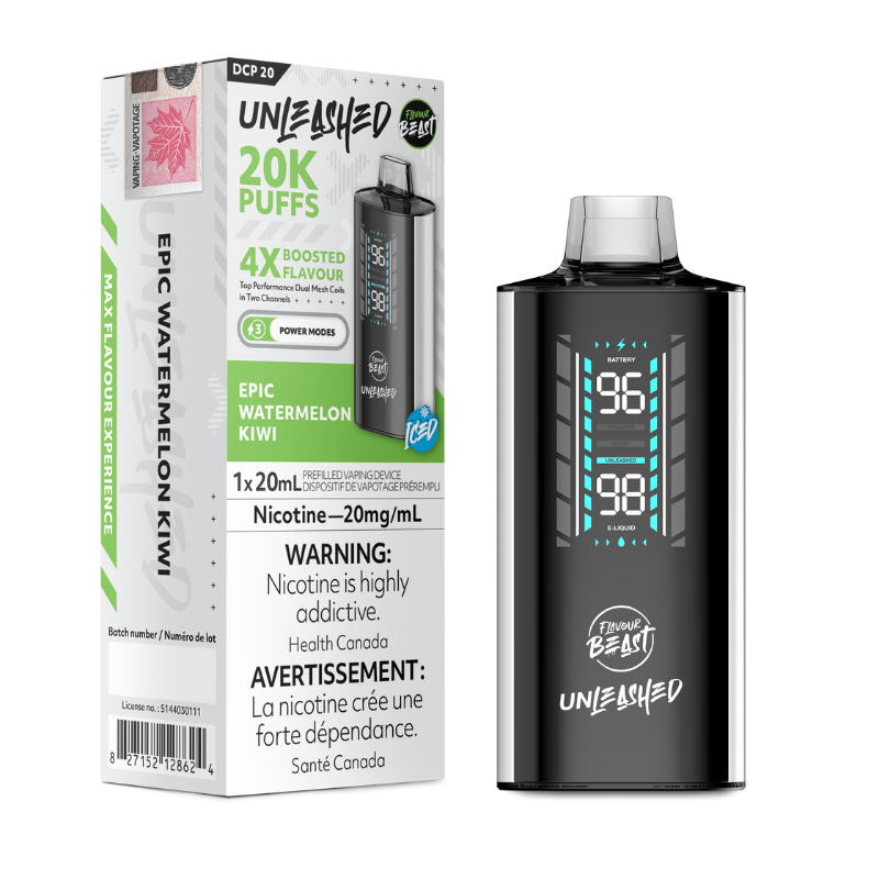 Epic Watermelon Kiwi Iced Flavour Beast DCP 20K Disposable Vape Waves of green kiwi and wonderous watermelon unite to give a tangy long-lasting flavour. 20,000 puffs, 20mL, three Power Modes: Standard, Boost, Unleashed.