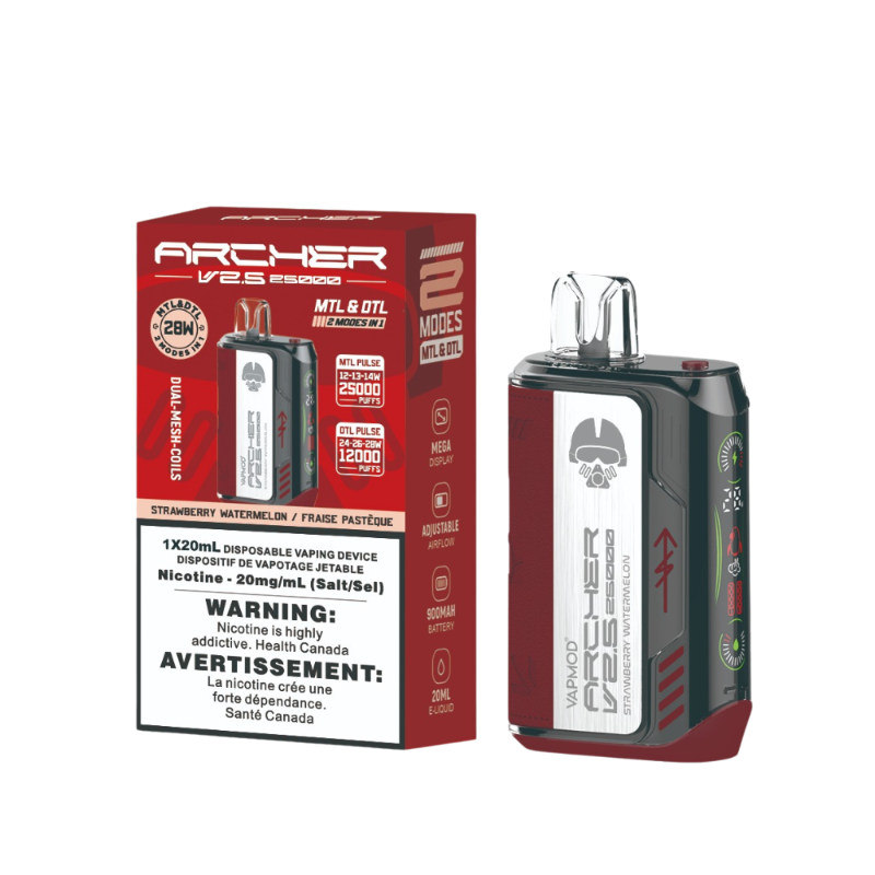 ARCHER VAPMOD 25k STRAWBERRY  WATERMELON DISPOSABLE VAPE MISTER VAPOR CANADA